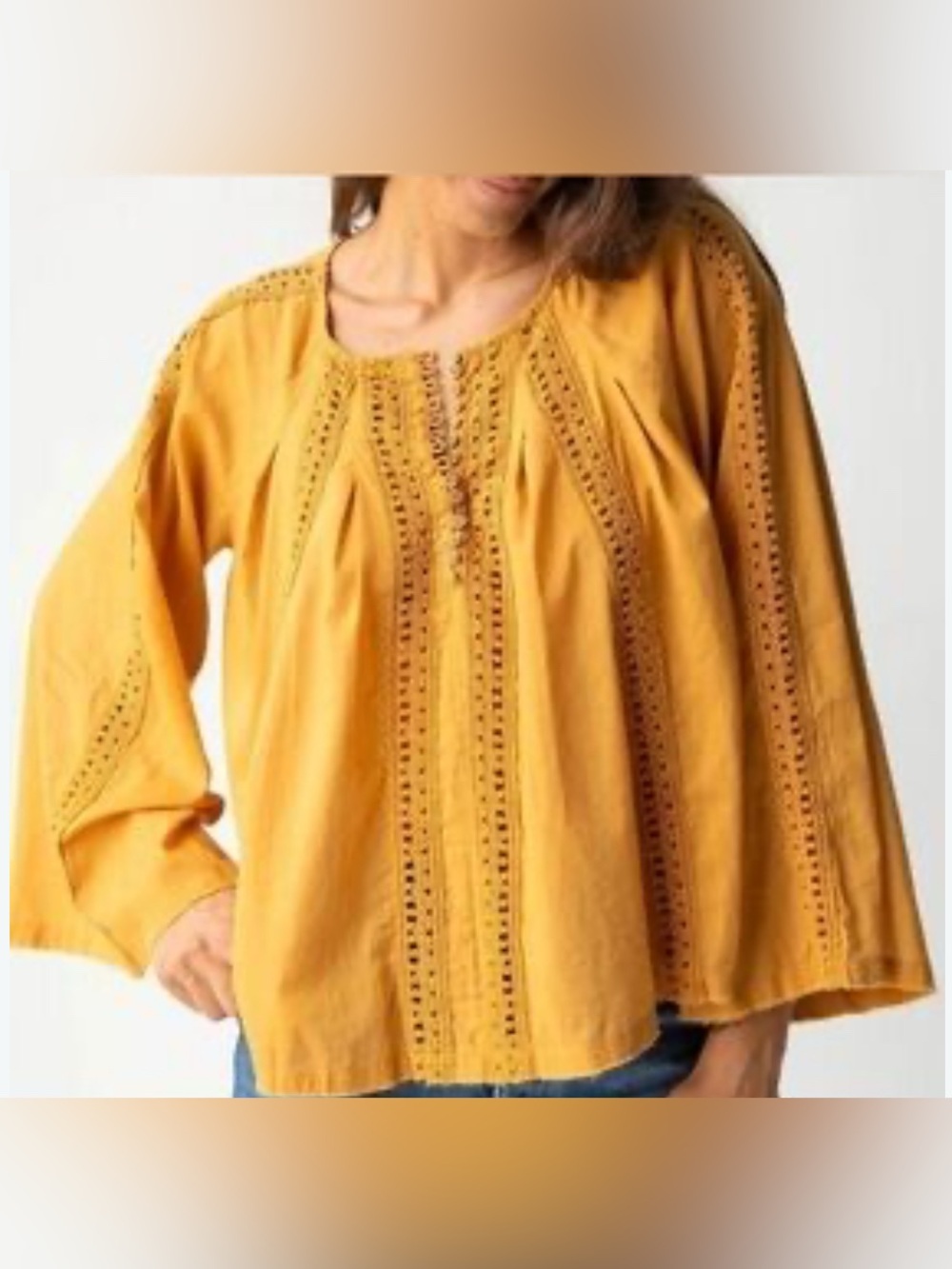 Natural Life Womens XL Mustard Yellow Floral Eyelet Boho Bell Sleeve Blouse